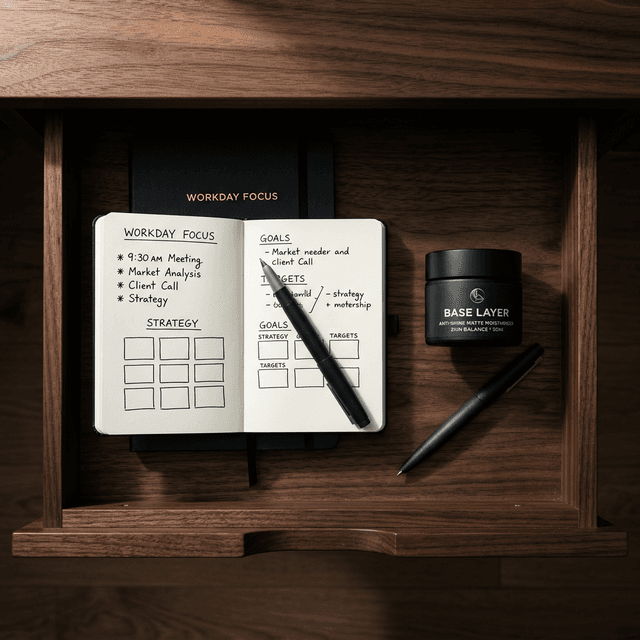 Mid-day office context — oil control that lasts through the workday