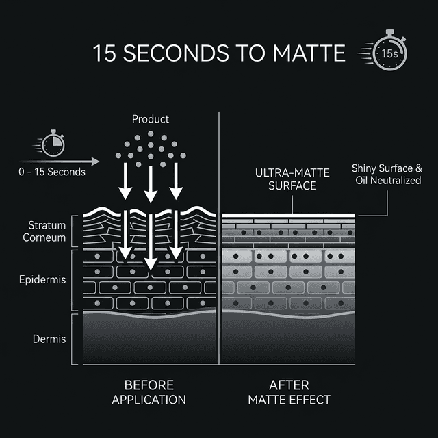 Clinical diagram showing how Base Layer absorbs through the epidermis in 15 seconds for a matte finish