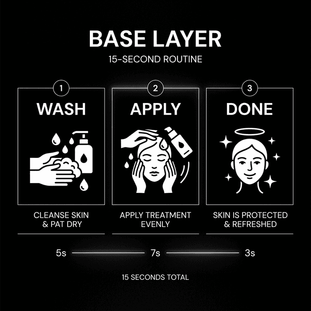 The 15-second Base Layer routine: 1. Wash, 2. Apply, 3. Done