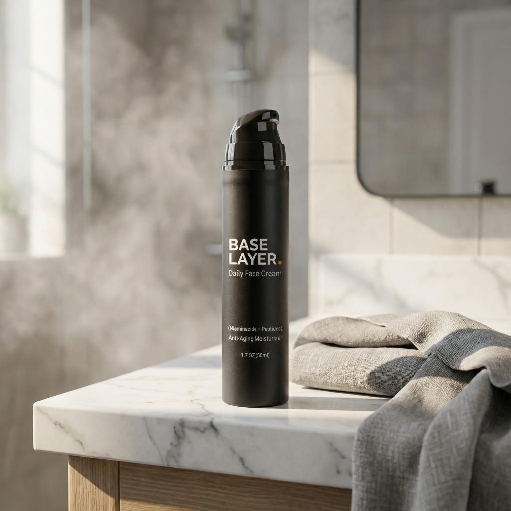Base Layer Daily Face Cream in Bathroom